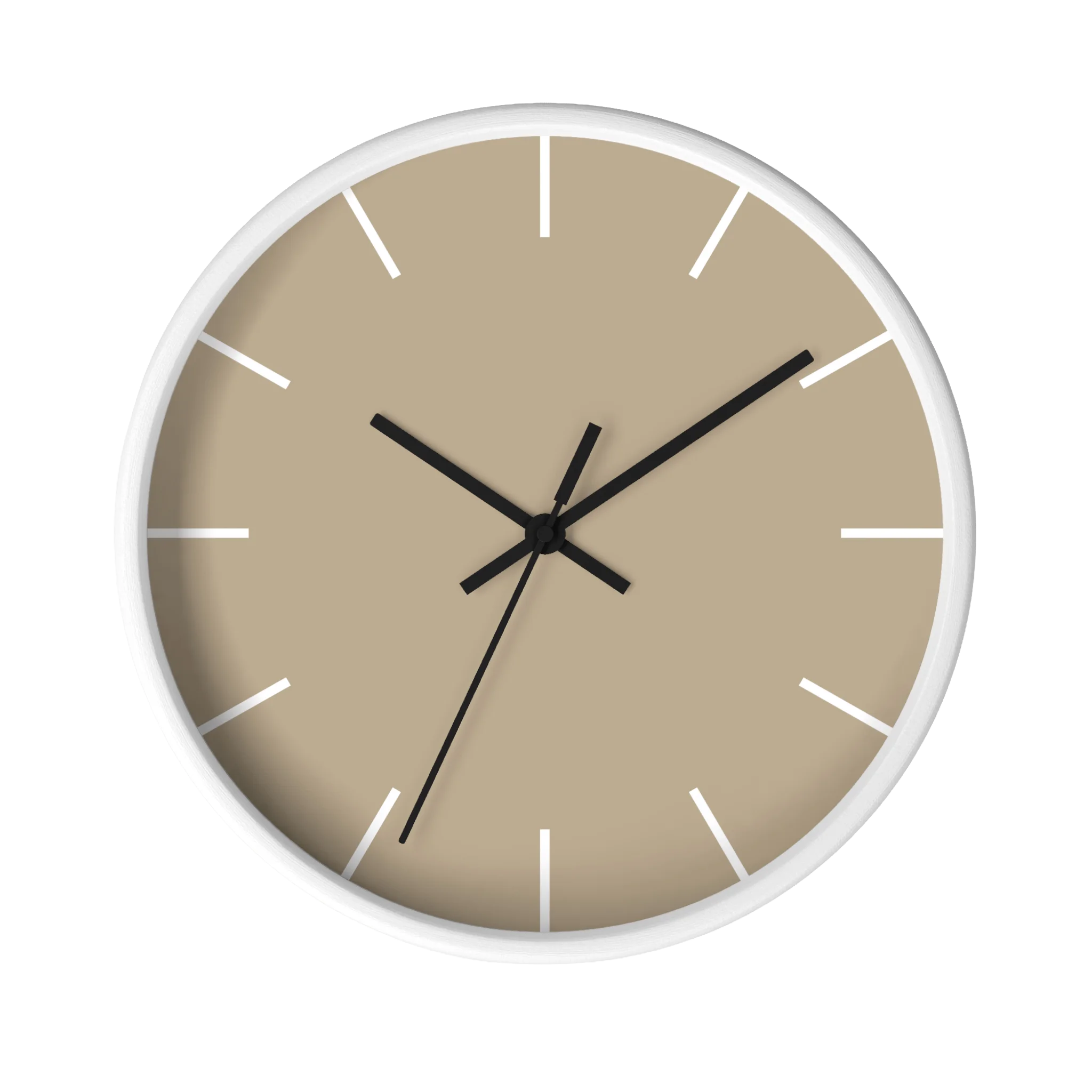 Beige jute silent wall clock, white base, black hands, white markers, 10 inch, front view.