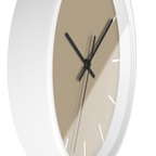 Beige jute silent wall clock, white base, black hands, white markers, 10 inch, side view.