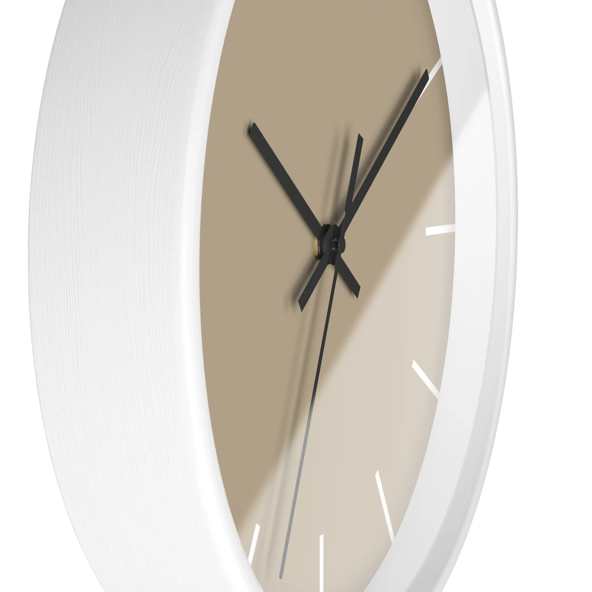 Beige jute silent wall clock, white base, black hands, white markers, 10 inch, side view.