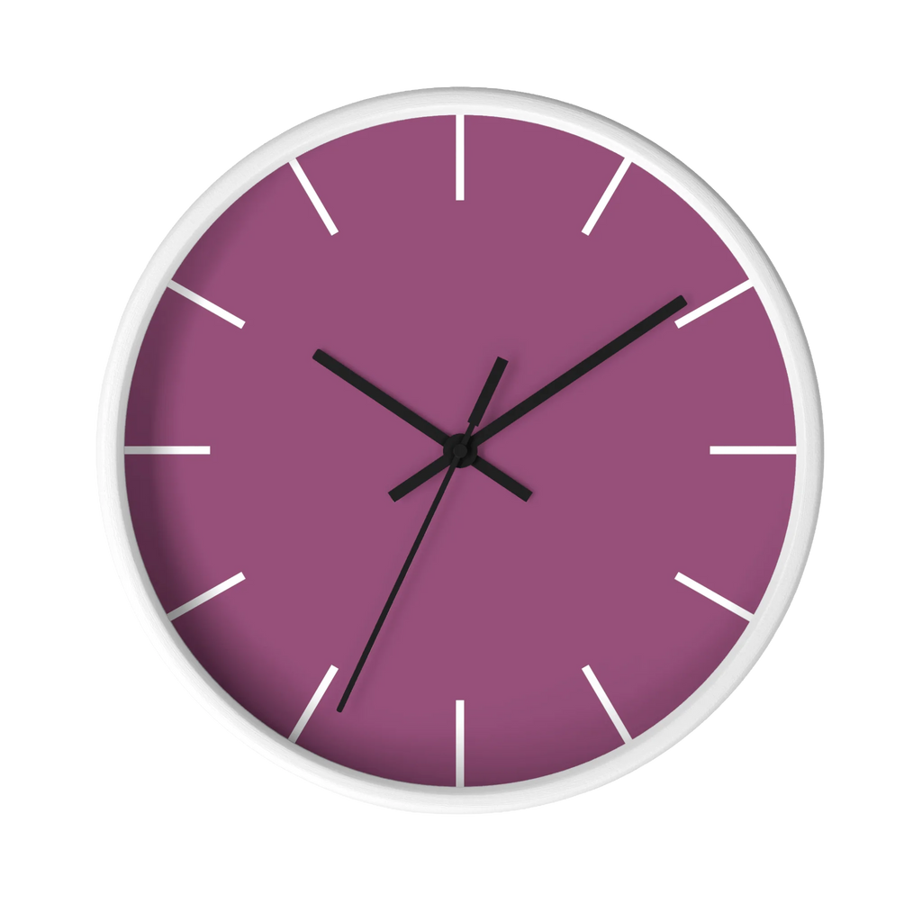 Lavender red plum silent wall clock, white base, black hands, white markers, 10 inch, front view.