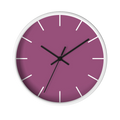 Lavender red plum silent wall clock, white base, black hands, white markers, 10 inch, front view.