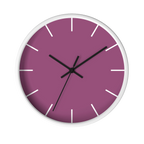 Lavender red plum silent wall clock, white base, black hands, white markers, 10 inch, front view.
