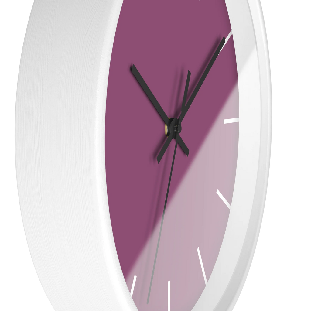 Lavender red plum silent wall clock, white base, black hands, white markers, 10 inch, side view.