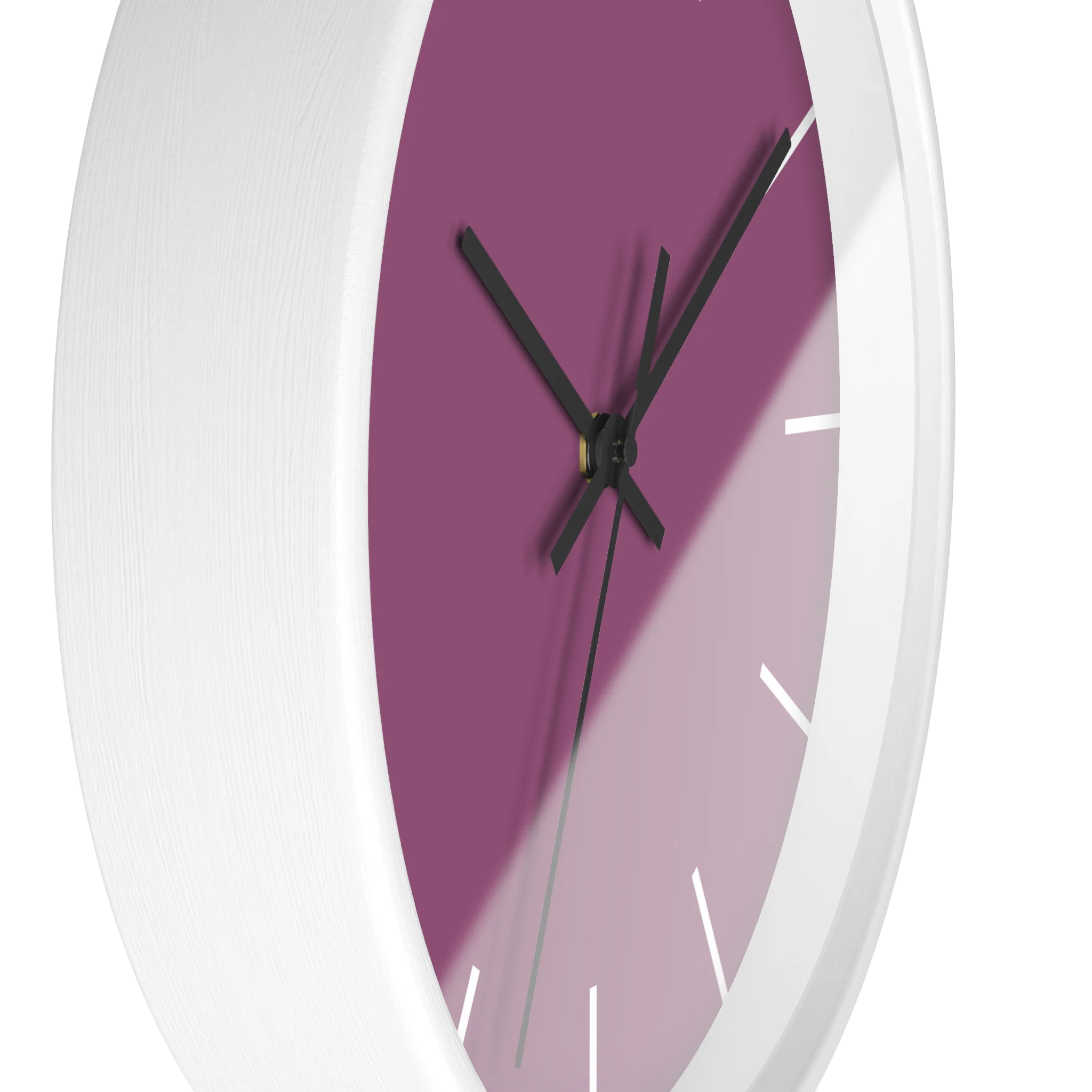 Lavender red plum silent wall clock, white base, black hands, white markers, 10 inch, side view.