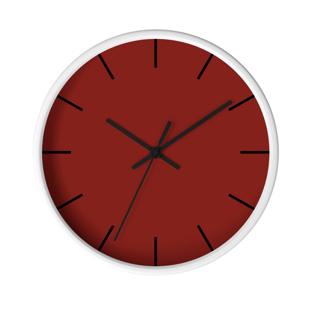 Maroon bloodstone red silent wall clock, white base, black hands, black markers, 10 inch, front view.