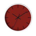 Maroon bloodstone red silent wall clock, white base, black hands, black markers, 10 inch, front view.