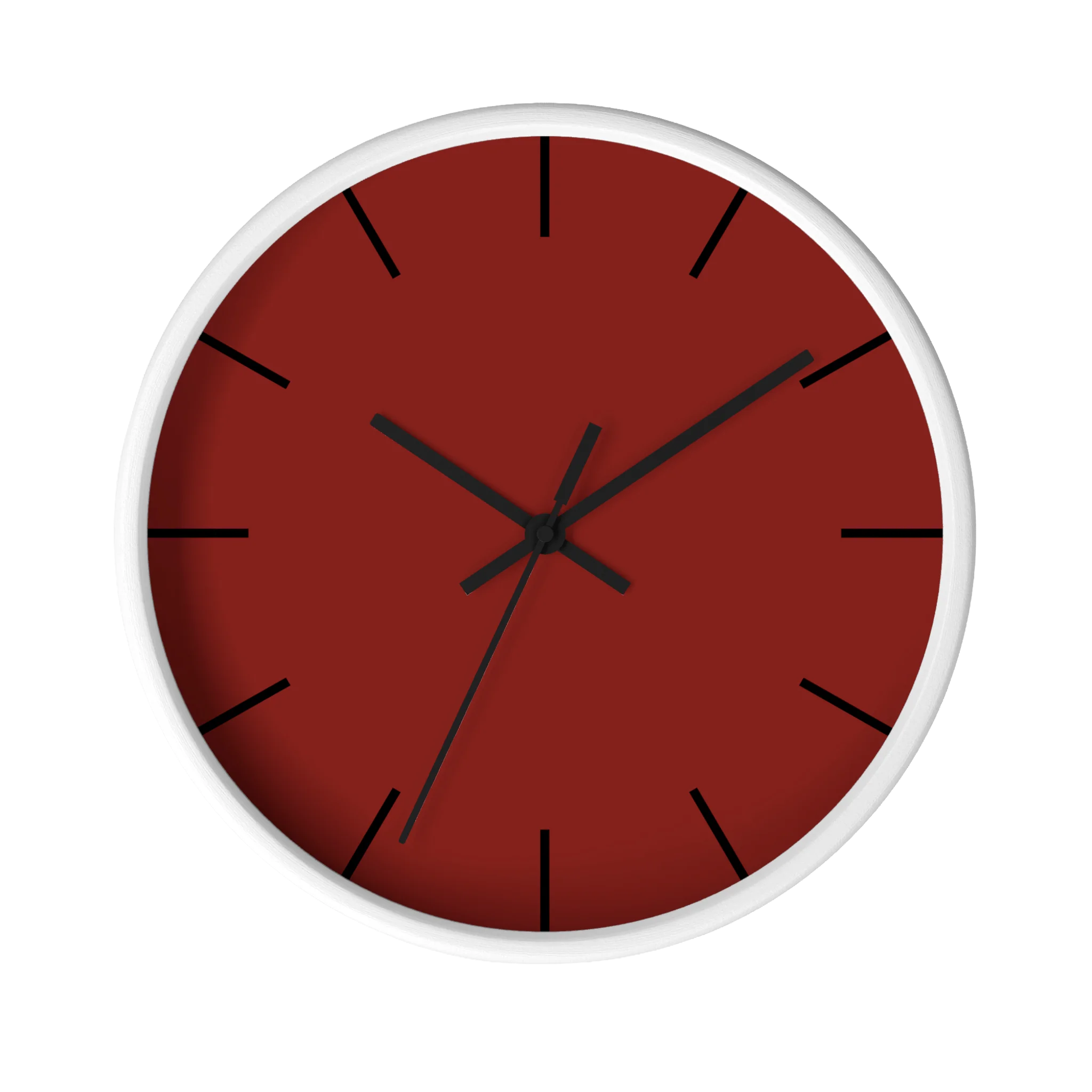 Maroon bloodstone red silent wall clock, white base, black hands, black markers, 10 inch, front view.