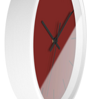 Maroon bloodstone red silent wall clock, white base, black hands, black markers, 10 inch, side view.