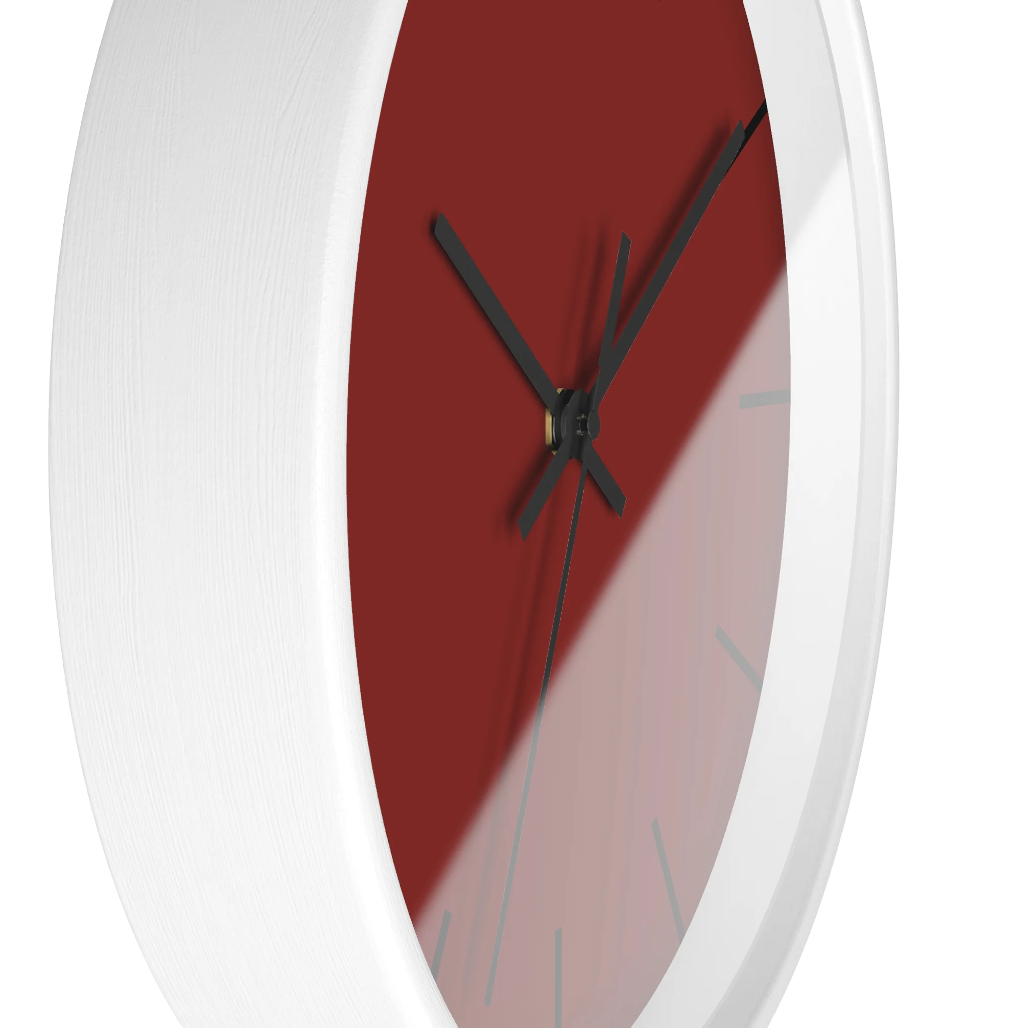Maroon bloodstone red silent wall clock, white base, black hands, black markers, 10 inch, side view.
