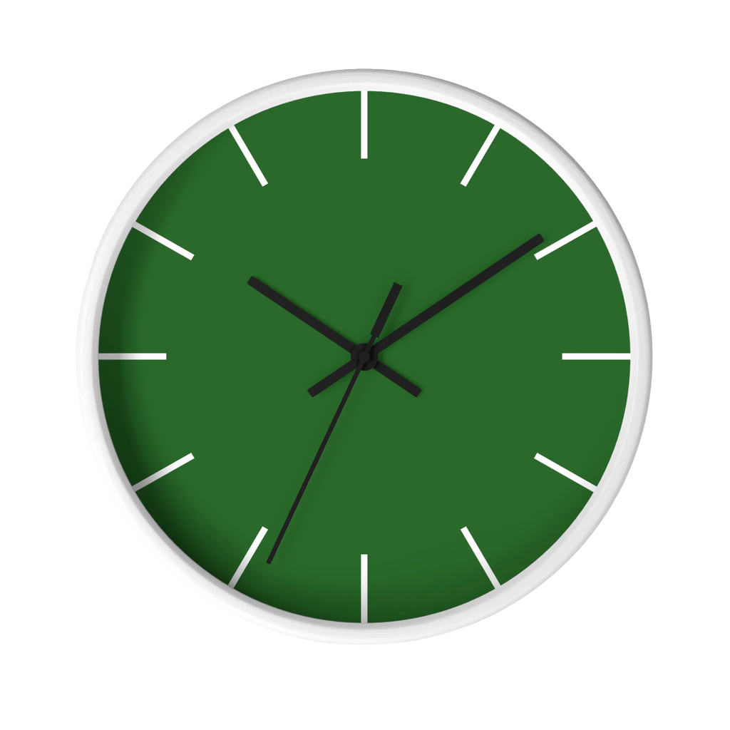 Mughal green silent wall clock, white base, black hands, white markers, 10 inch, front view.