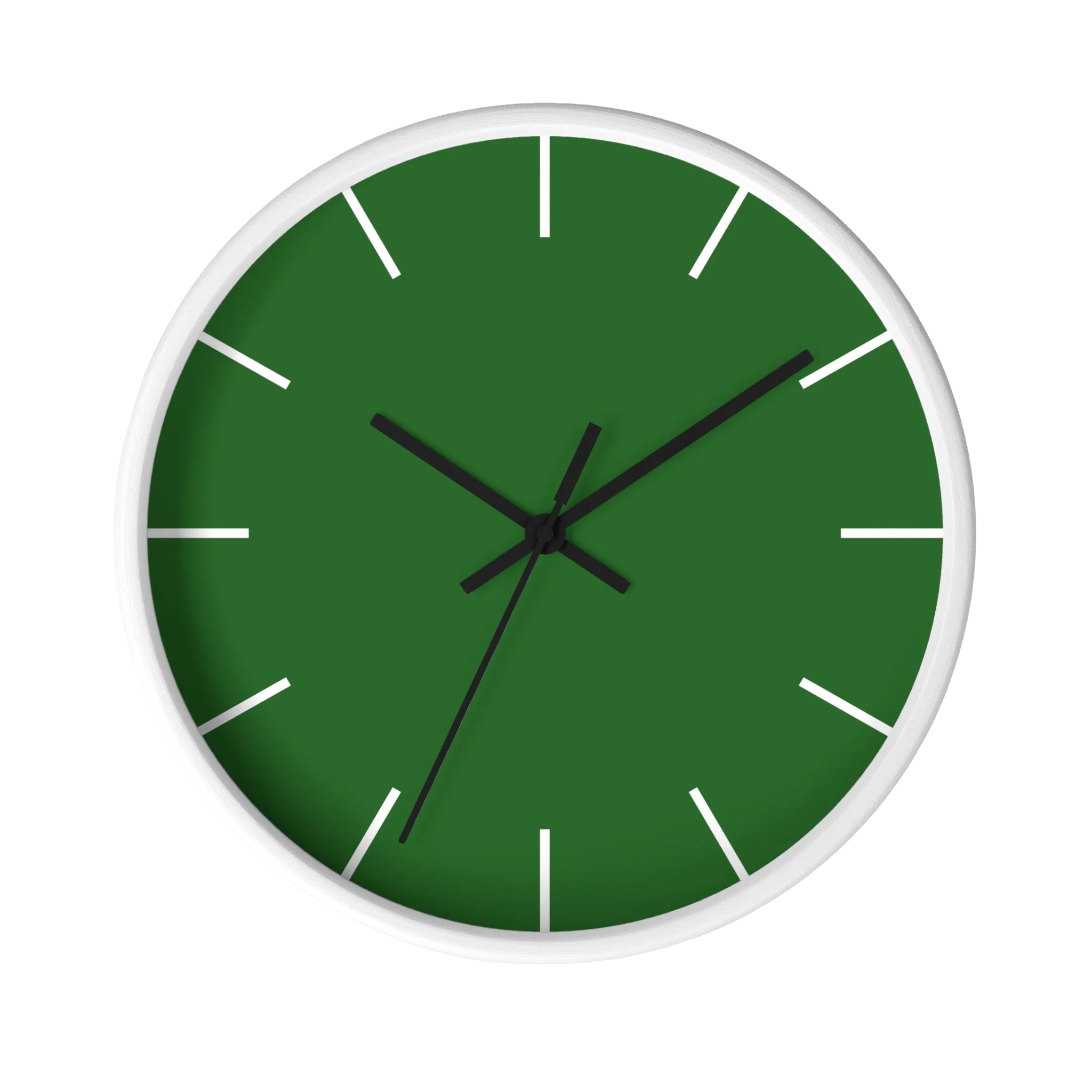 Mughal green silent wall clock, white base, black hands, white markers, 10 inch, front view.