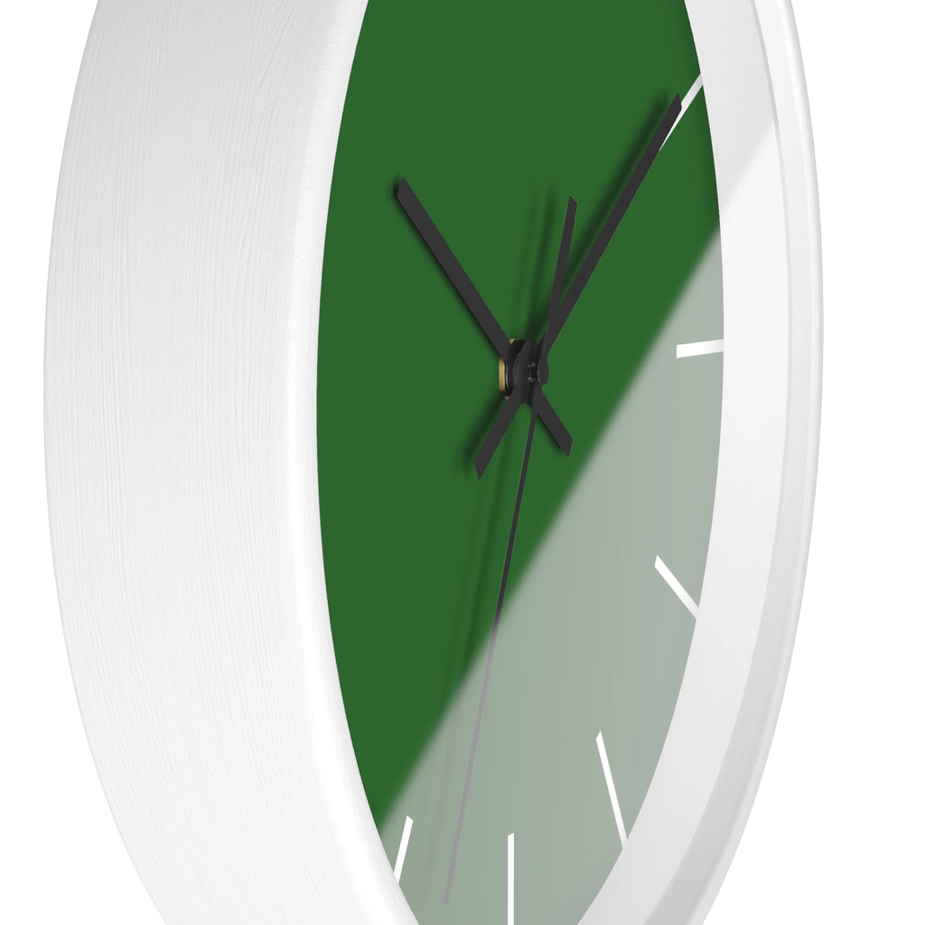 Mughal green silent wall clock, white base, black hands, white markers, 10 inch, side view.