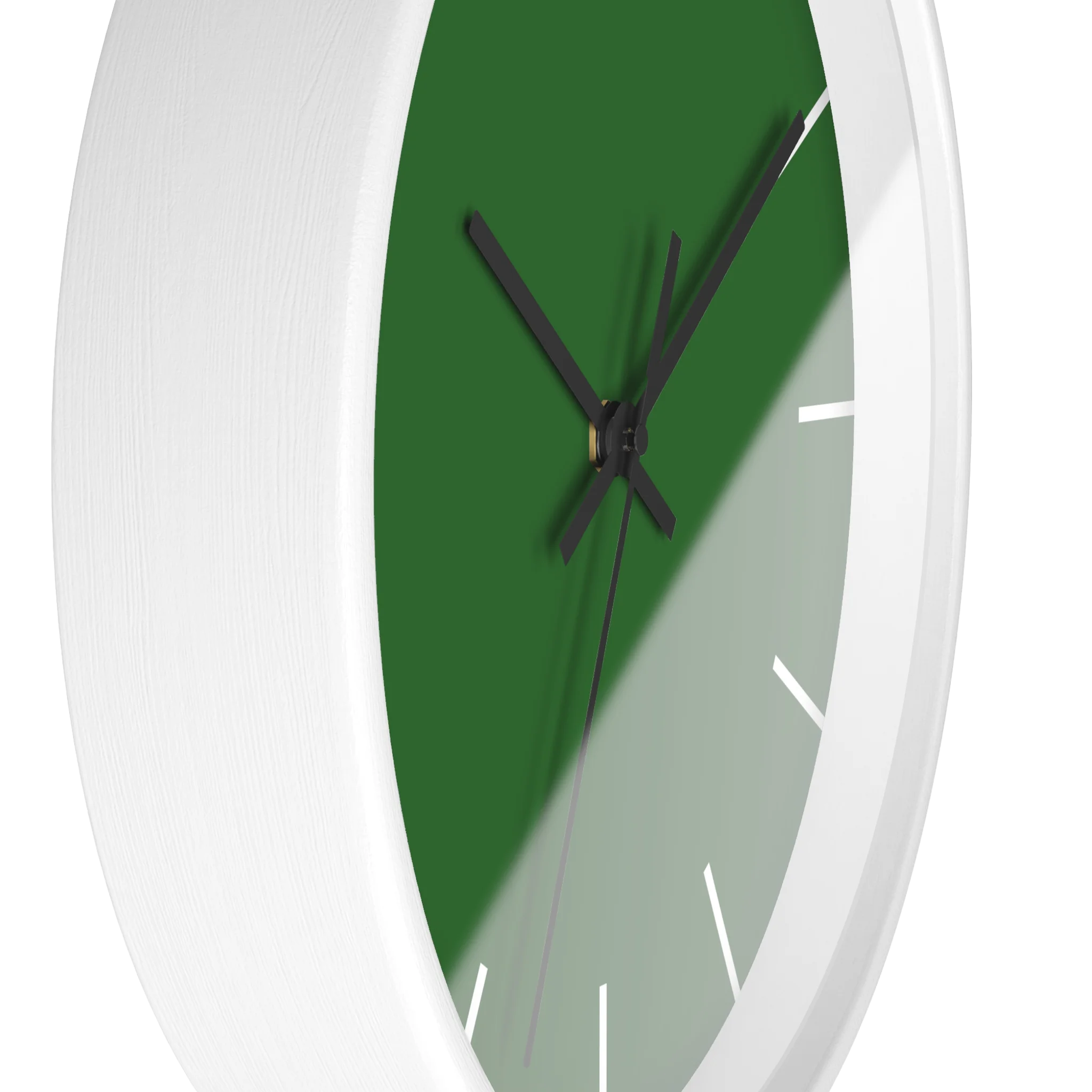 Mughal green silent wall clock, white base, black hands, white markers, 10 inch, side view.