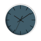 Navy blue slate silent wall clock, white base, black hands, black markers, 10 inch, front view.
