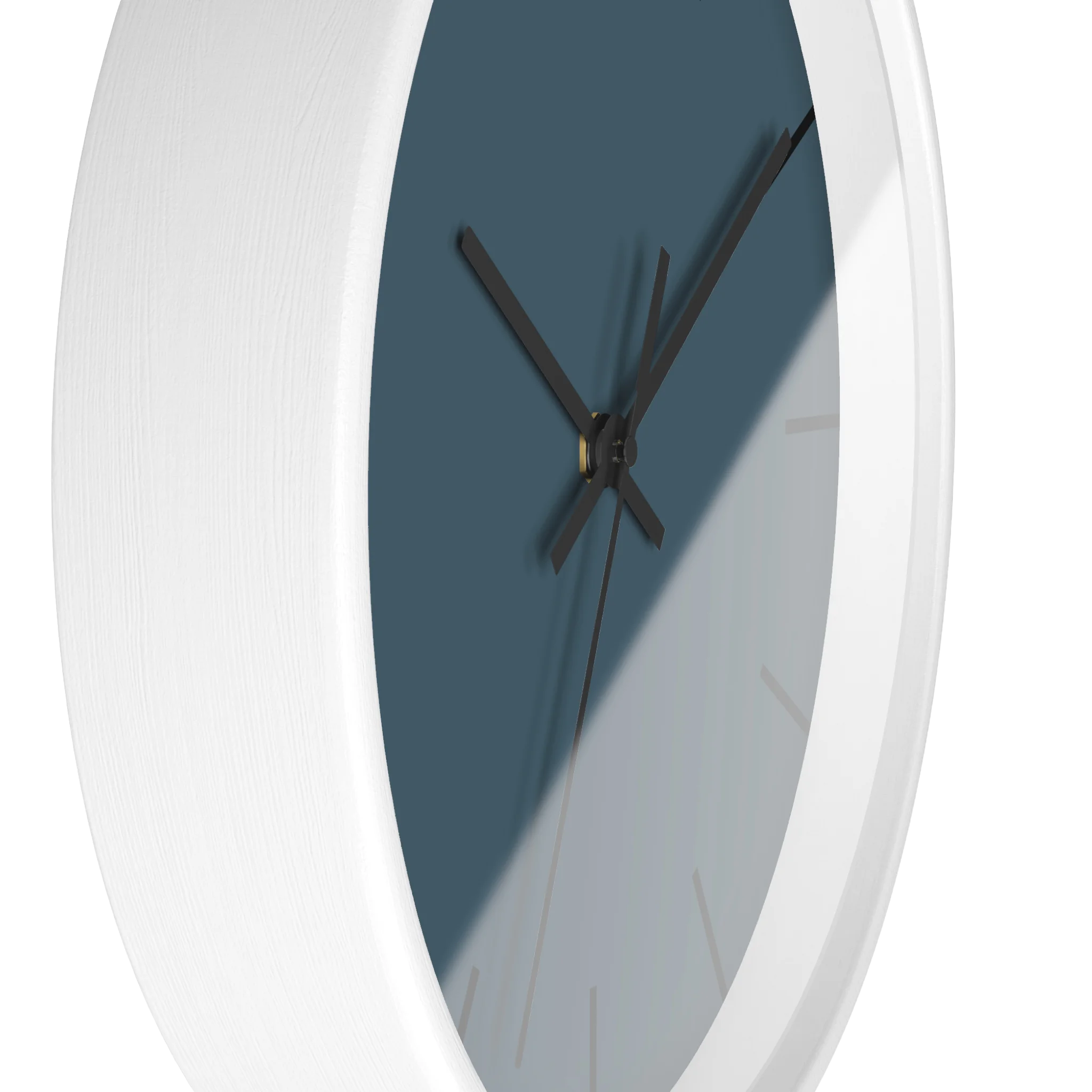 Navy blue slate silent wall clock, white base, black hands, black markers, 10 inch, side view.