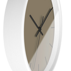Neutral taupe silent wall clock, white base, black hands, black markers, 10 inch, side view.