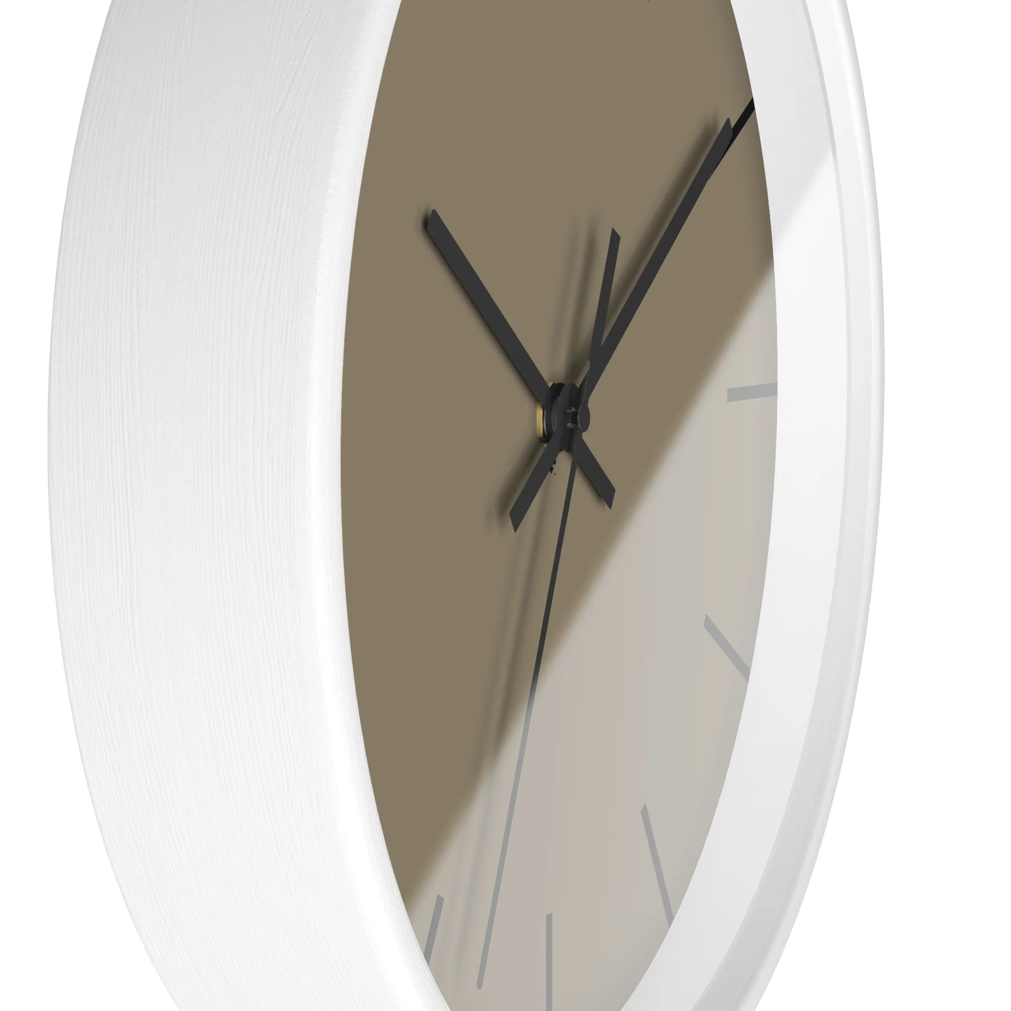 Neutral taupe silent wall clock, white base, black hands, black markers, 10 inch, side view.