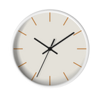 Off white silent wall clock, white base, black hands, light brown markers, 10 inch, front view.