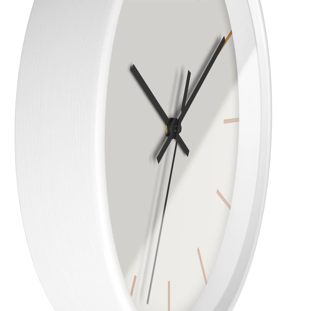 Off white silent wall clock, white base, black hands, light brown markers, 10 inch, side view.