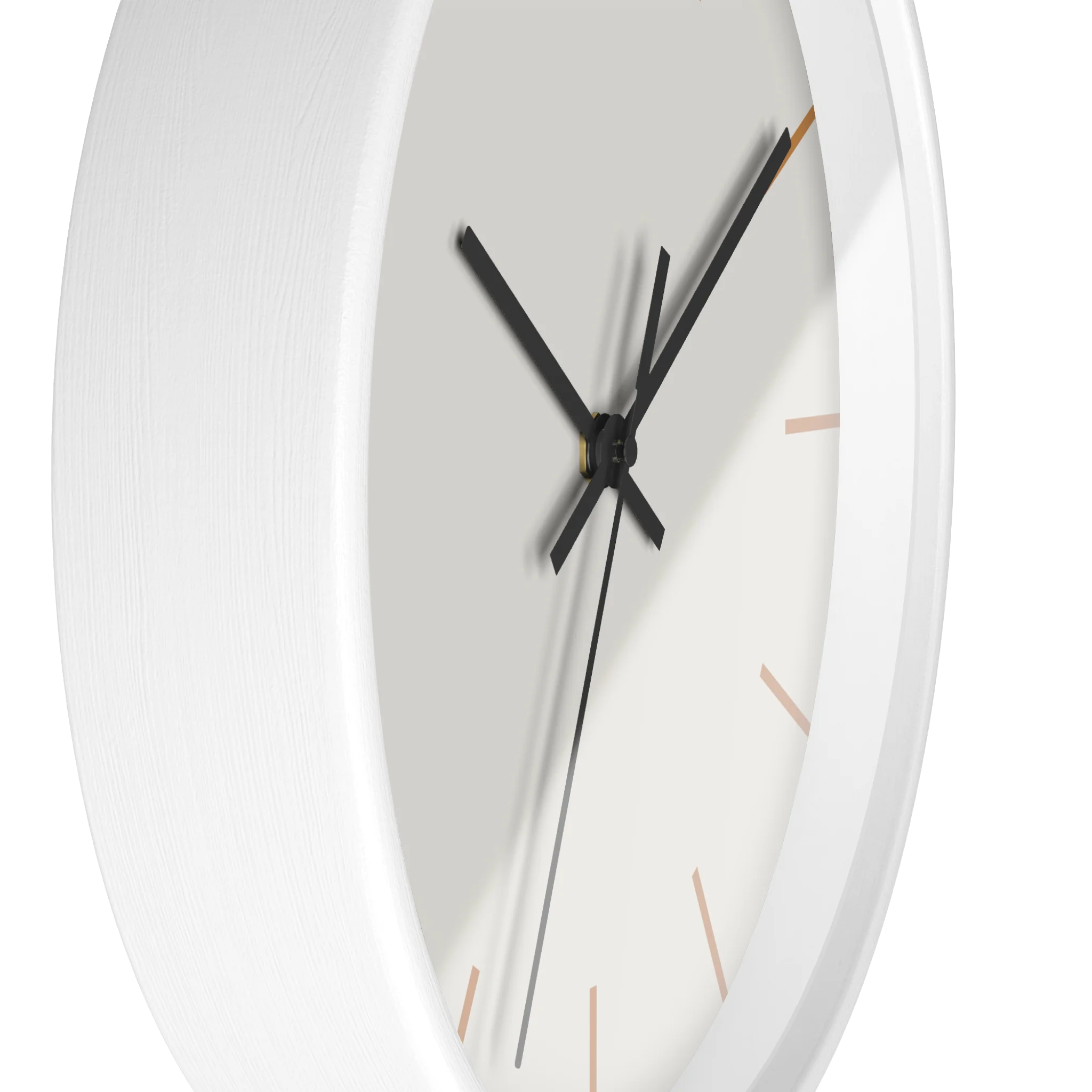 Off white silent wall clock, white base, black hands, light brown markers, 10 inch, side view.