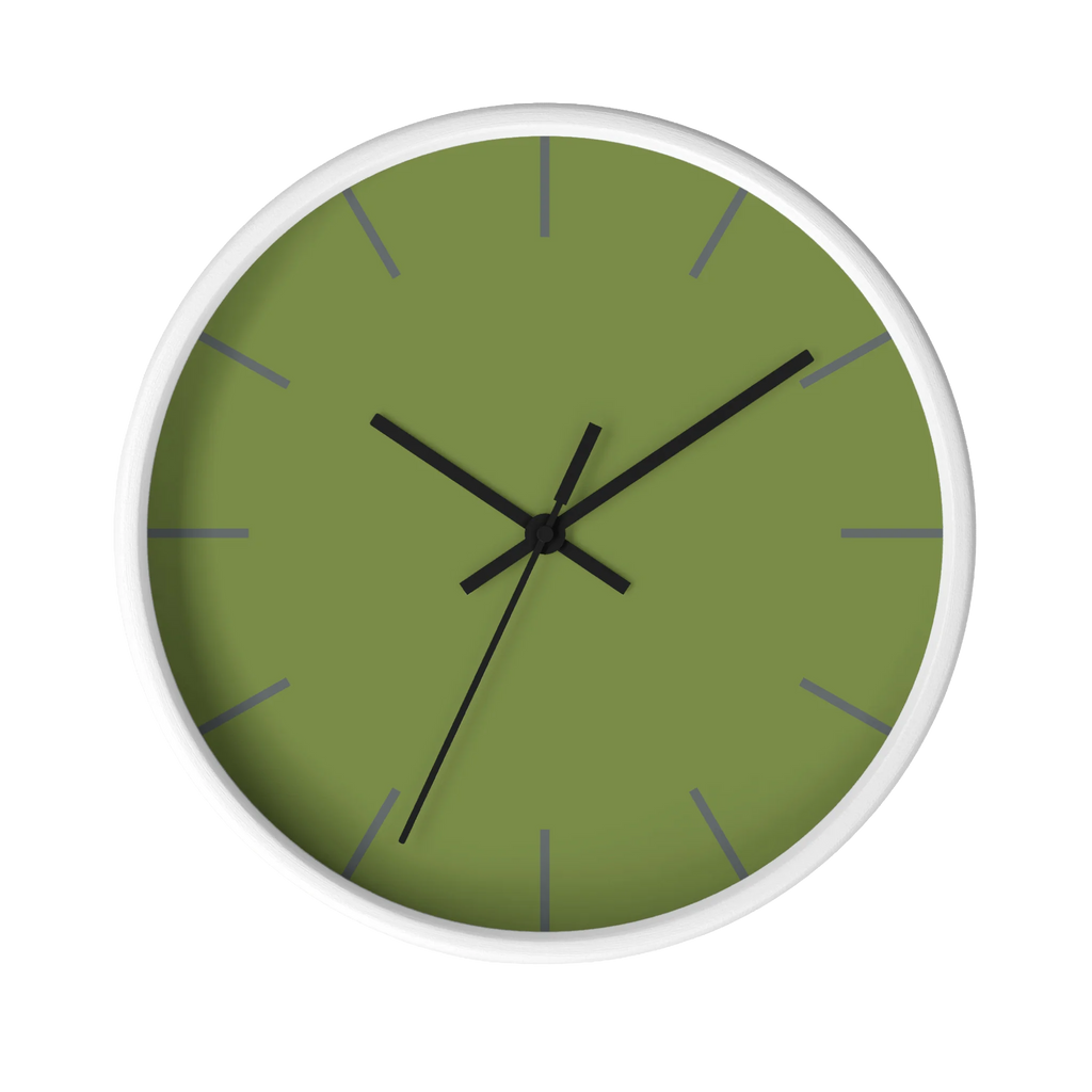 Olive green silent wall clock, white base, black hands, dark grey markers, 10 inch, front view.