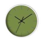 Olive green silent wall clock, white base, black hands, dark grey markers, 10 inch, front view.