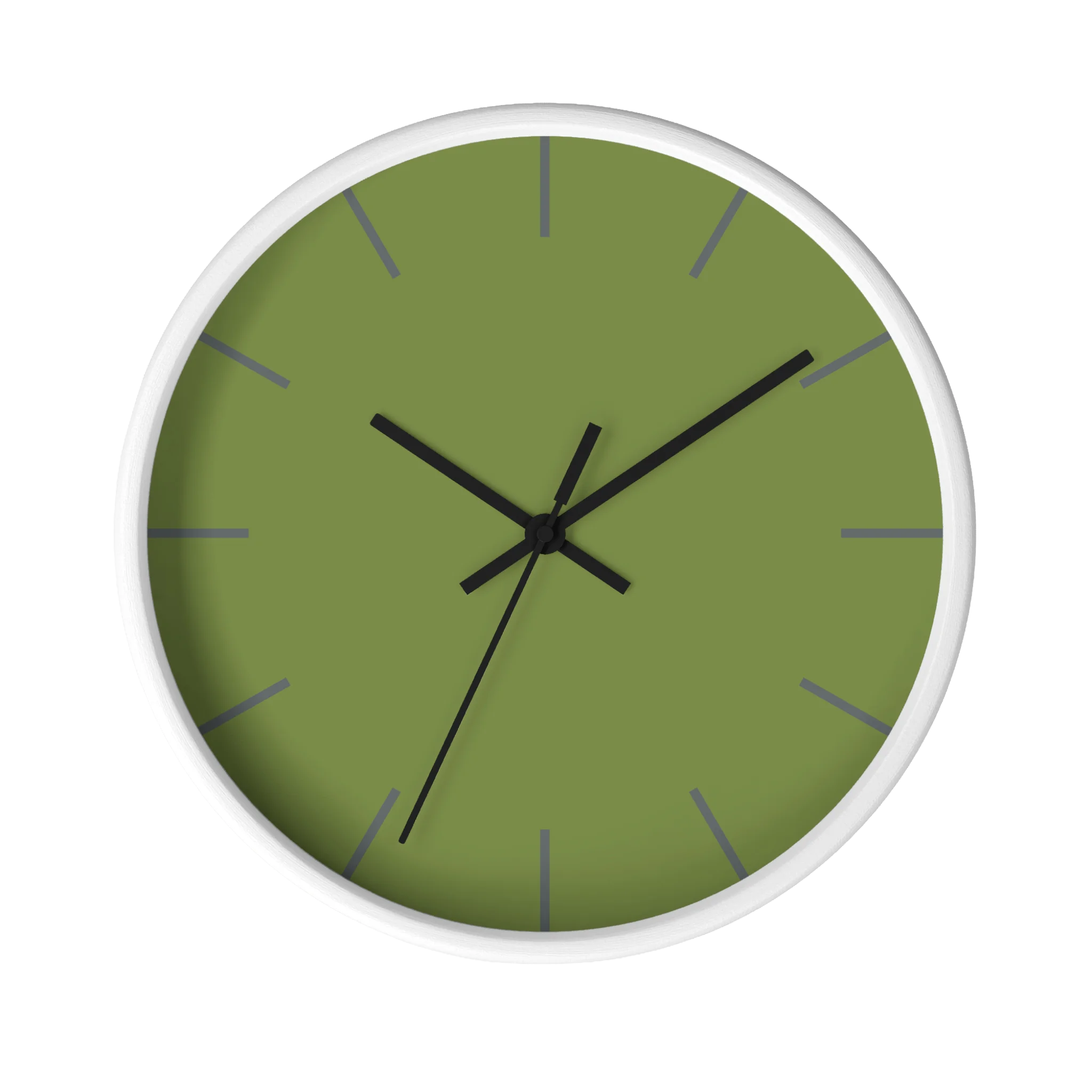 Olive green silent wall clock, white base, black hands, dark grey markers, 10 inch, front view.