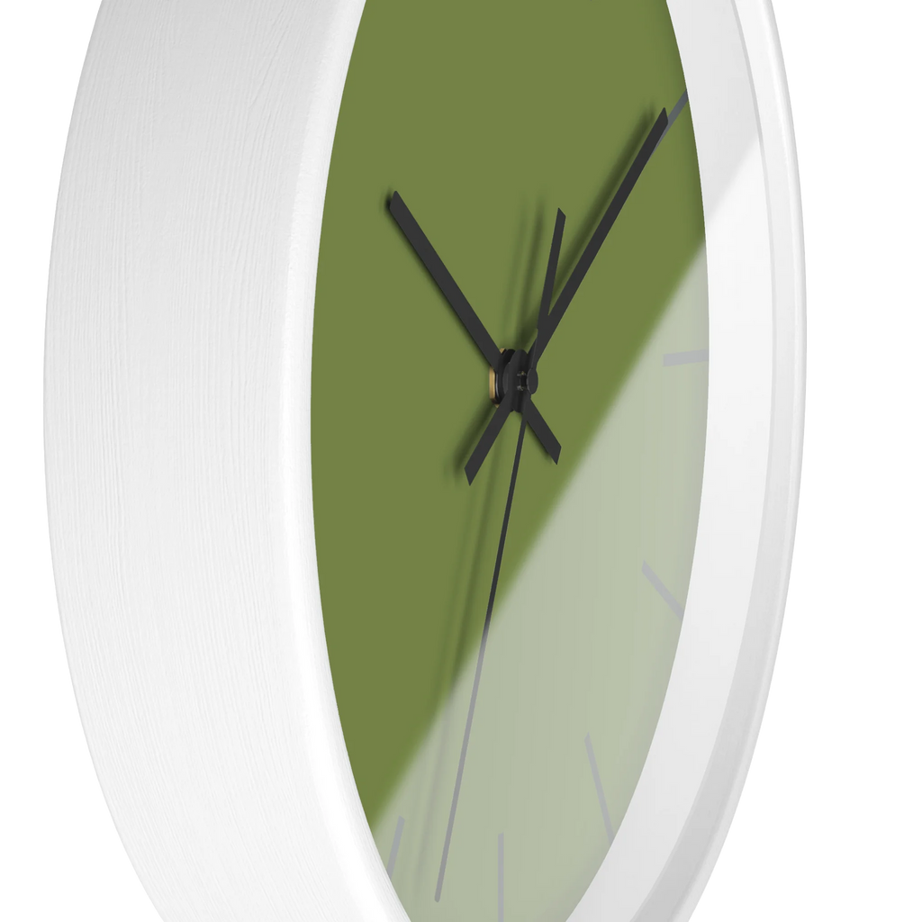 Olive green silent wall clock, white base, black hands, dark grey markers, 10 inch, side view.