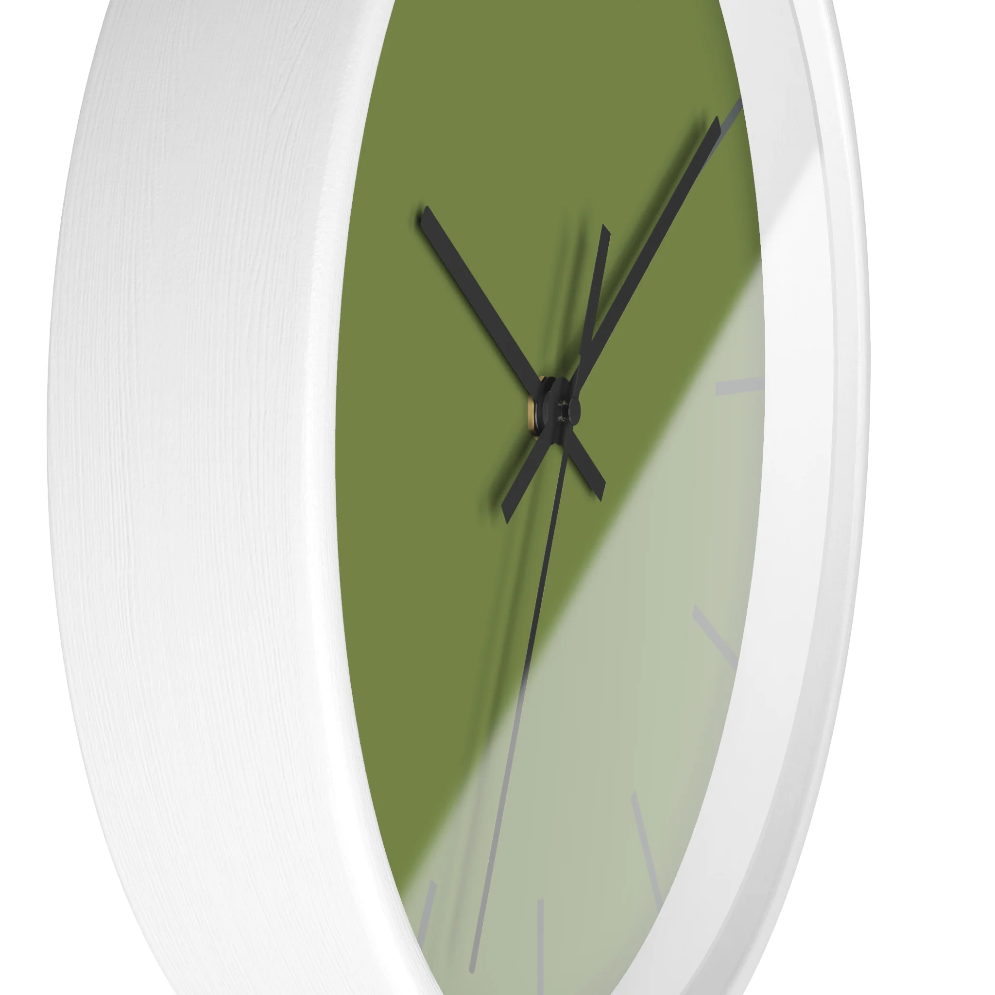 Olive green silent wall clock, white base, black hands, dark grey markers, 10 inch, side view.