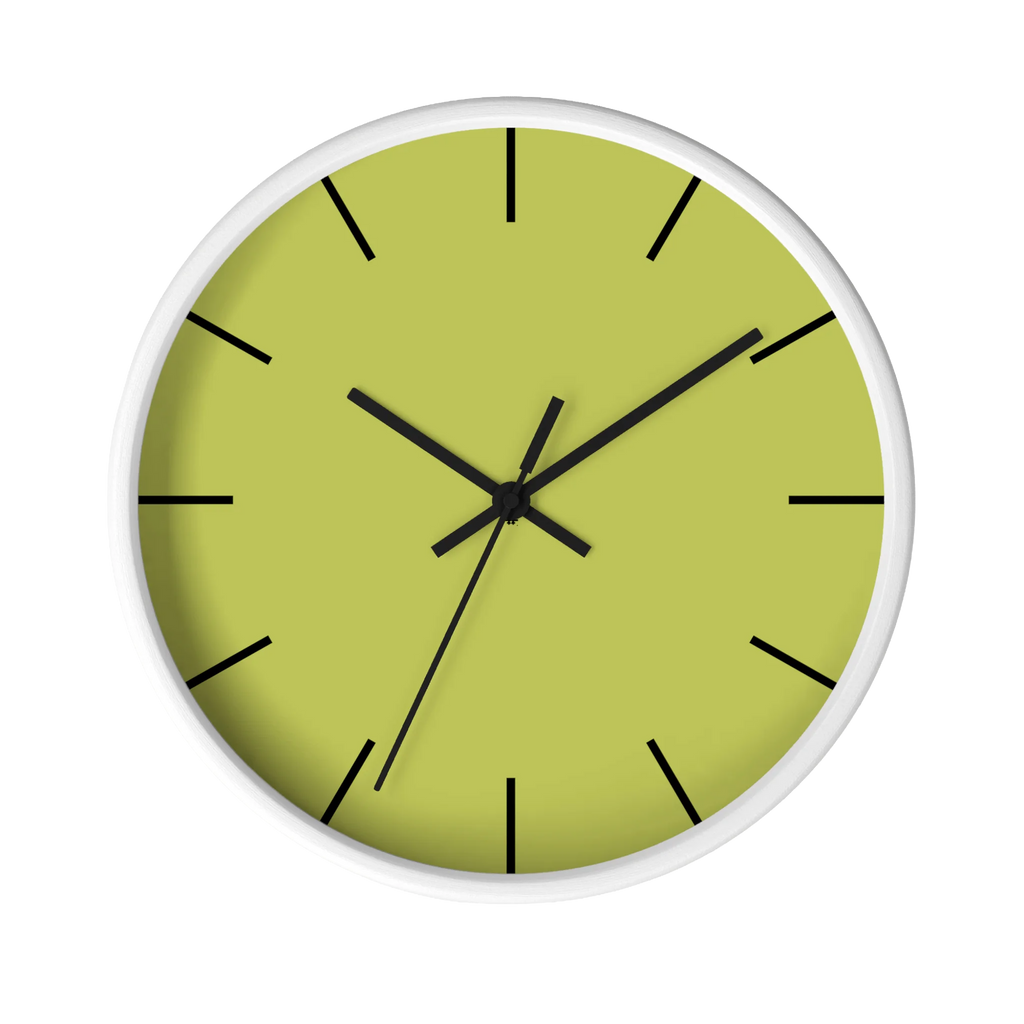 Orchid lime green silent wall clock, white base, black hands, black markers, 10 inch, front view.