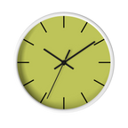 Orchid lime green silent wall clock, white base, black hands, black markers, 10 inch, front view.