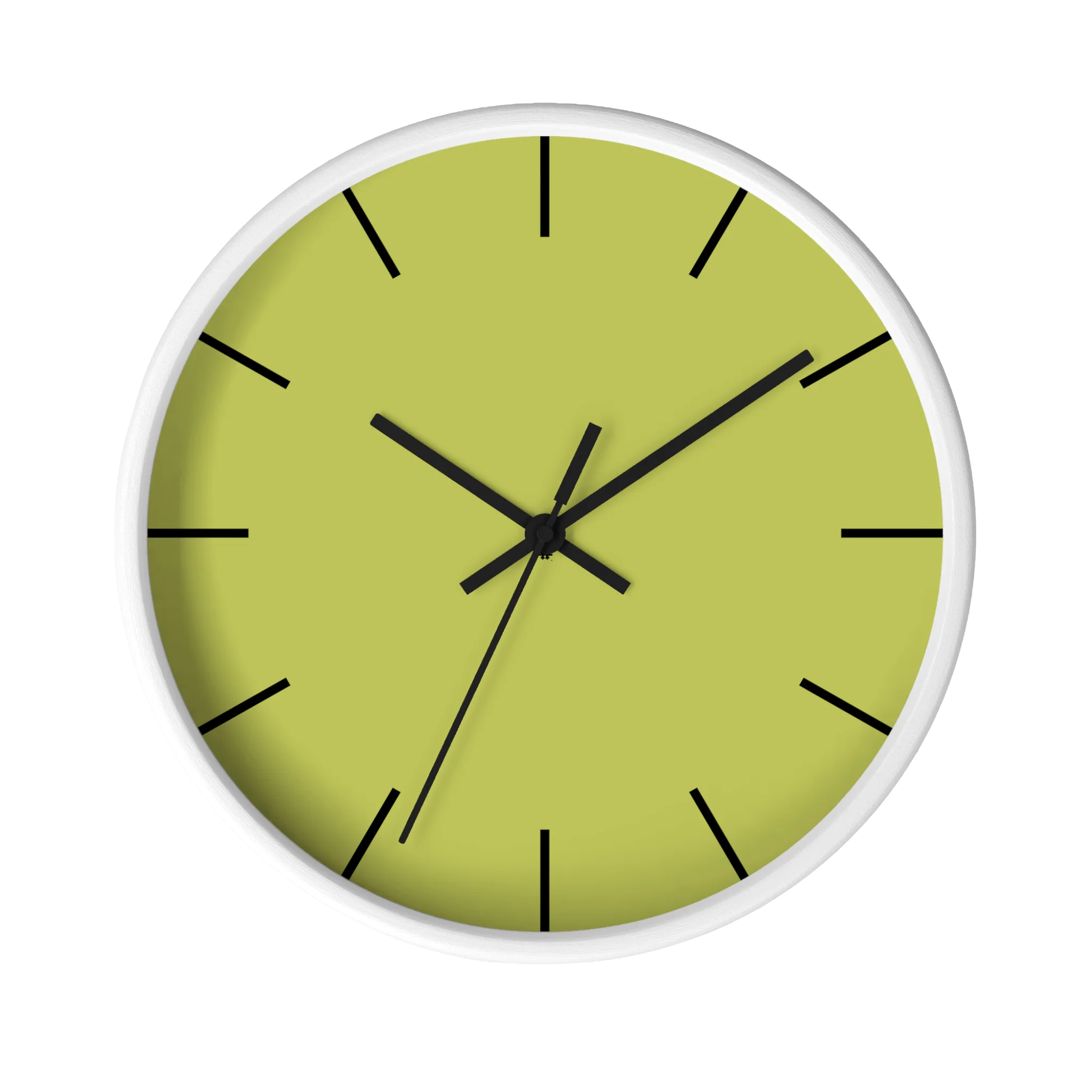 Orchid lime green silent wall clock, white base, black hands, black markers, 10 inch, front view.