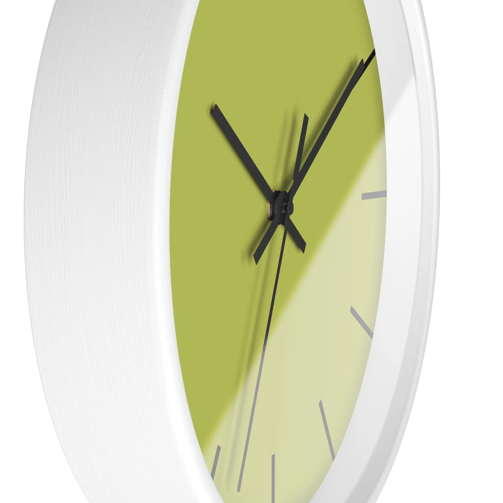Orchid lime green silent wall clock, white base, black hands, black markers, 10 inch, side view.