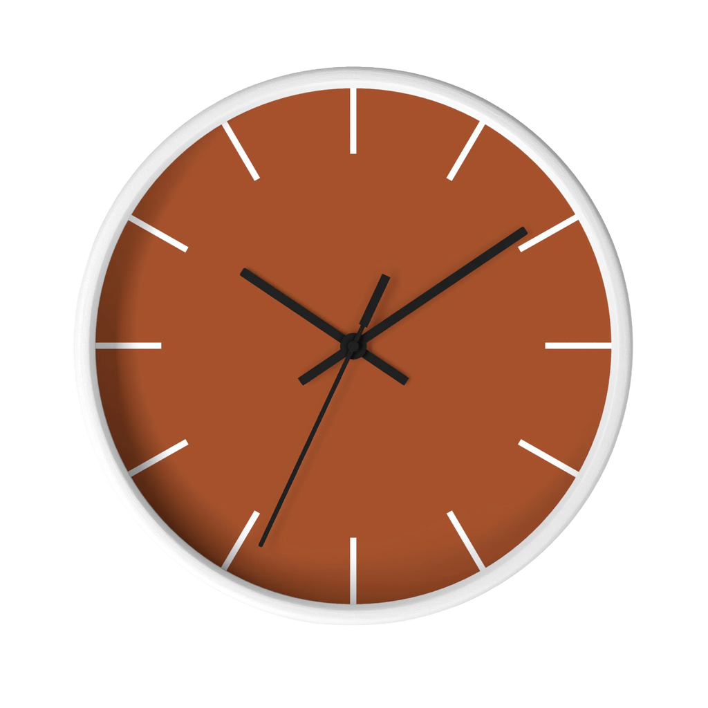 Paarl terracotta silent wall clock, white base, black hands, white markers, 10 inch, front view.