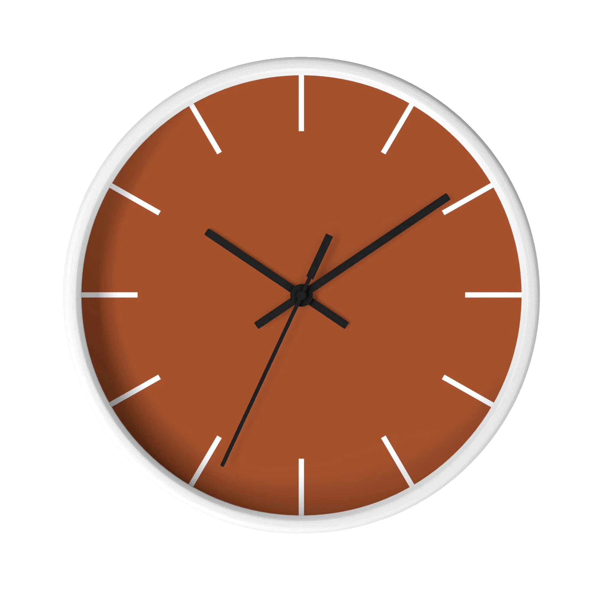 Paarl terracotta silent wall clock, white base, black hands, white markers, 10 inch, front view.