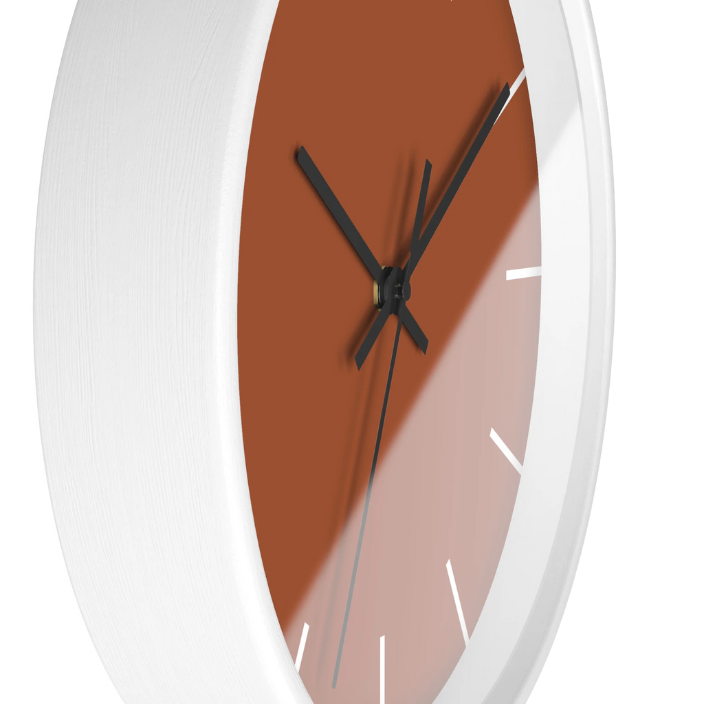 Paarl terracotta silent wall clock, white base, black hands, white markers, 10 inch, side view.
