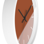 Paarl terracotta silent wall clock, white base, black hands, white markers, 10 inch, side view.