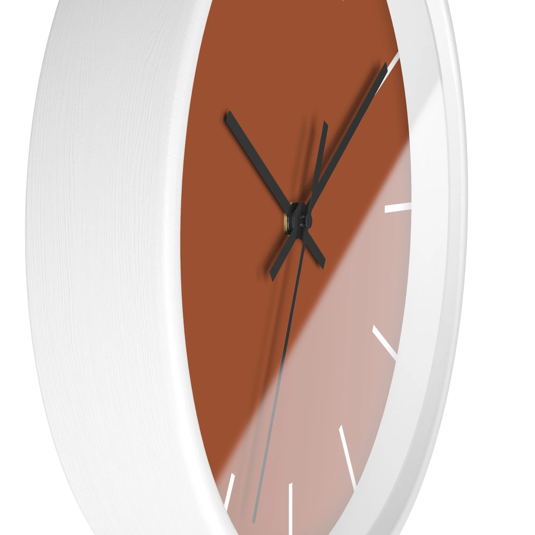 Paarl terracotta silent wall clock, white base, black hands, white markers, 10 inch, side view.