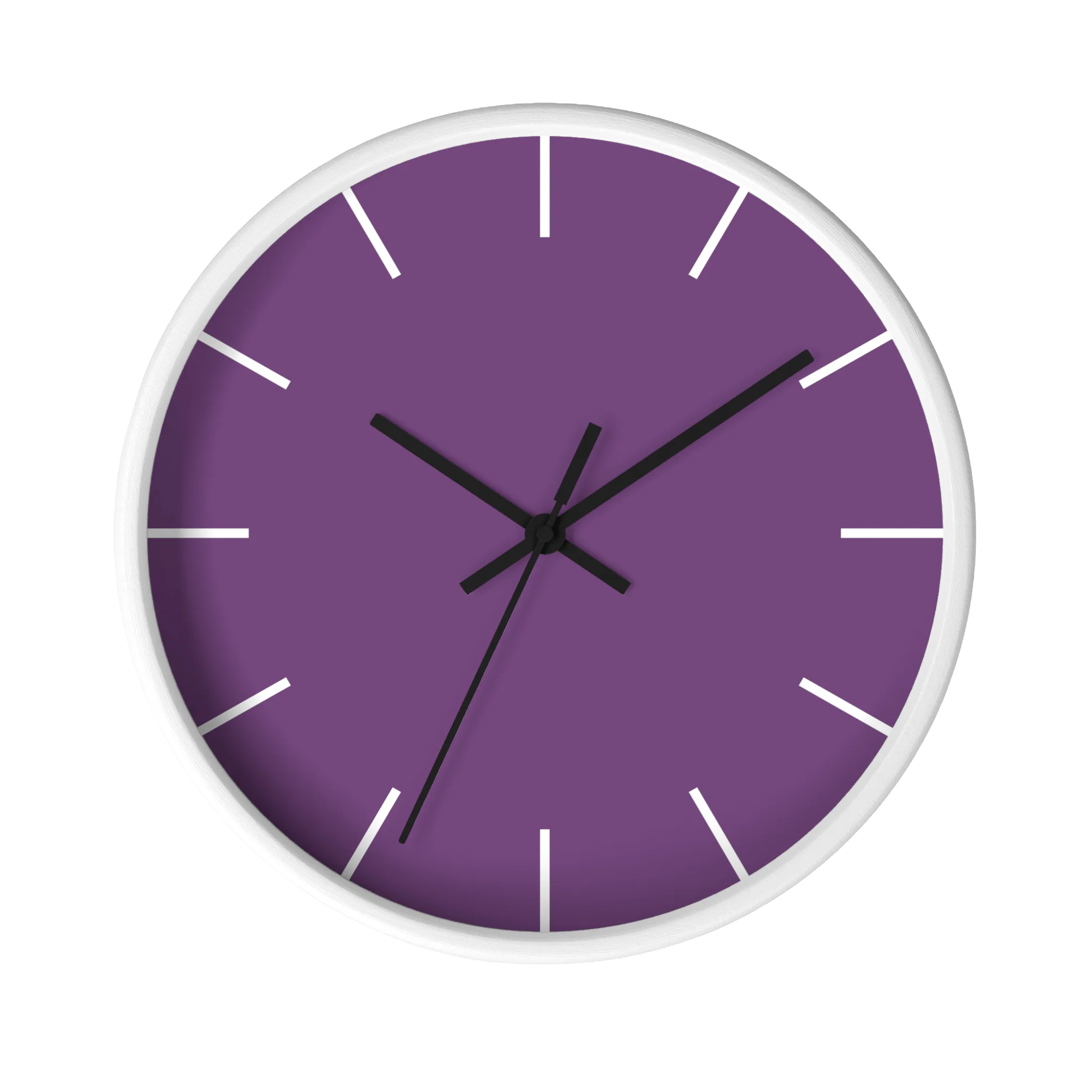 Purple silent wall clock, white base, black hands, white markers, 10 inch, front view.