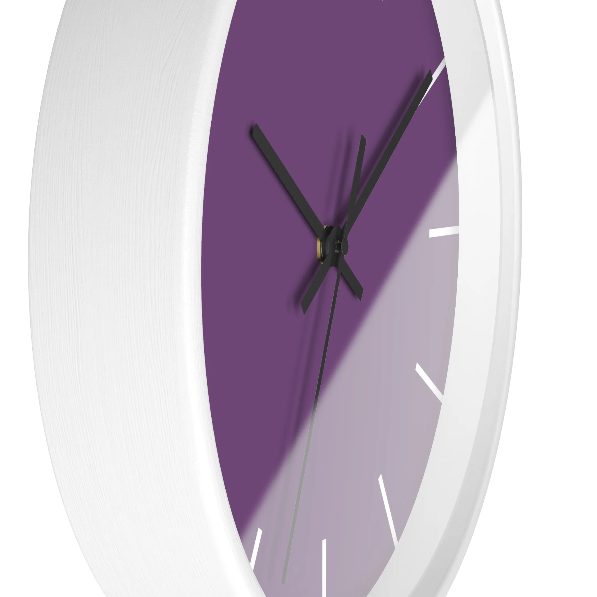 Purple silent wall clock, white base, black hands, white markers, 10 inch, side view.
