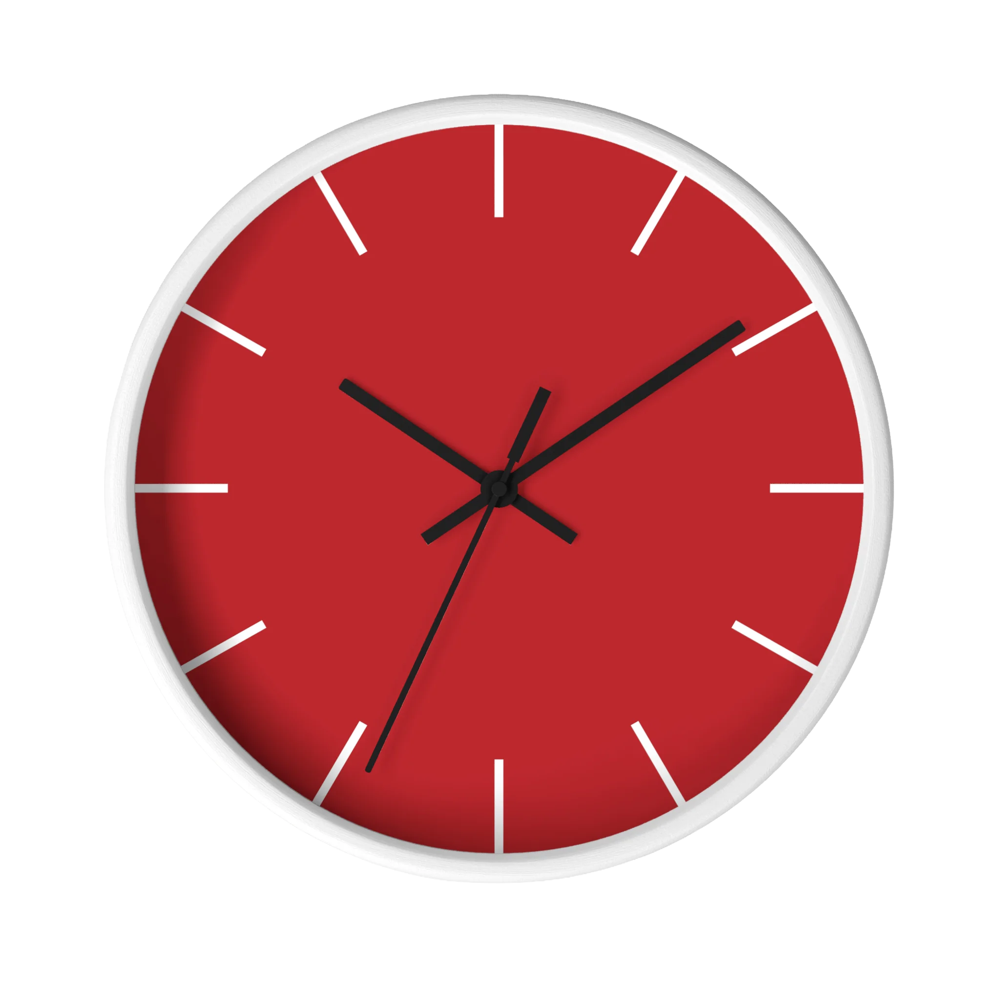 Red silent wall clock, white base, black hands, white markers, 10 inch, front view.