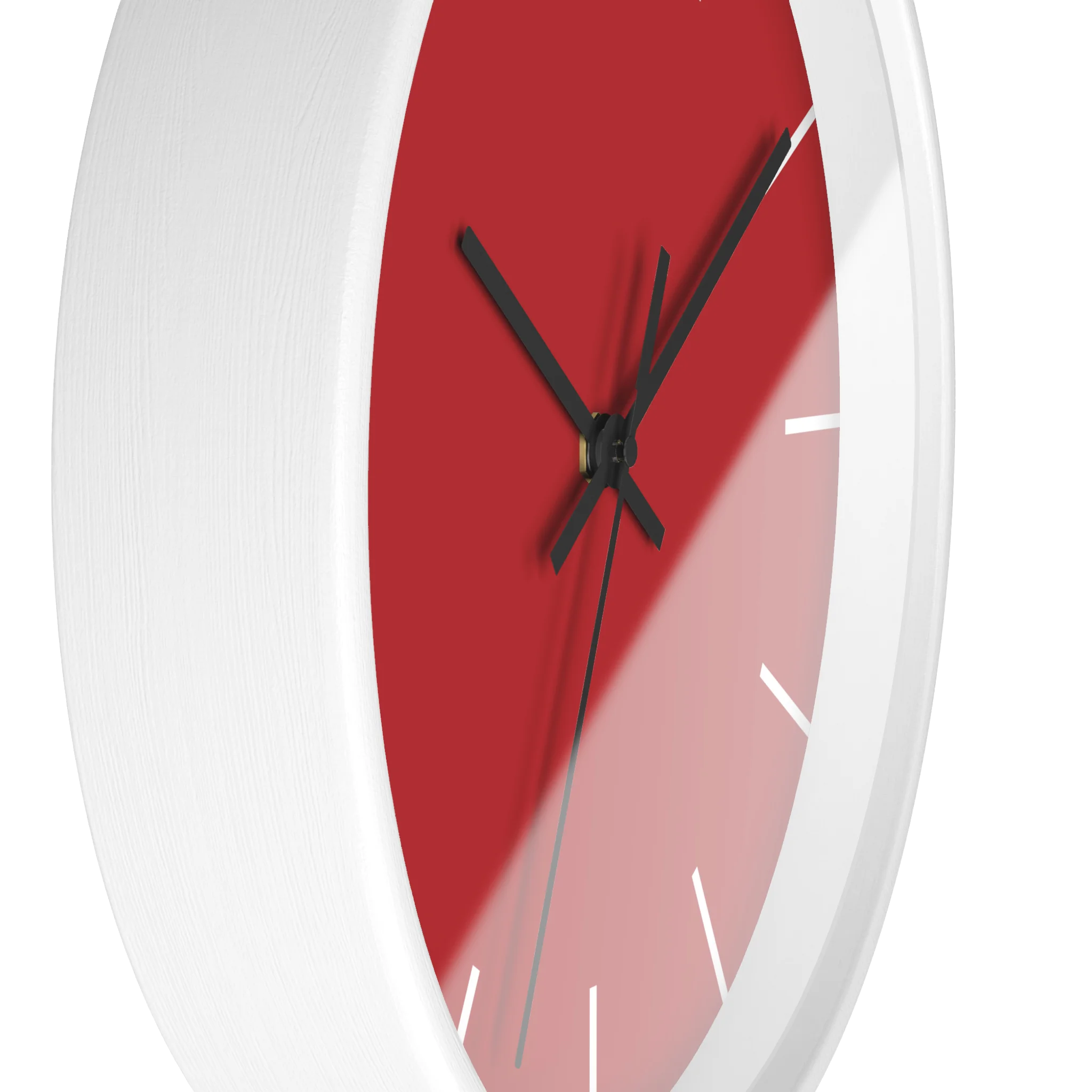 Red silent wall clock, white base, black hands, white markers, 10 inch, side view.