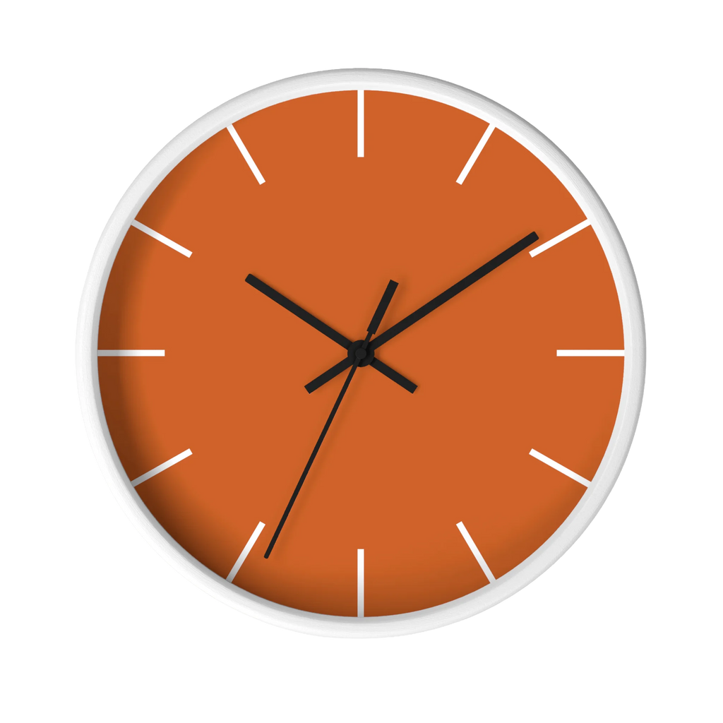 Roman earth rust orange silent wall clock, white base, black hands, white markers, 10 inch, front view.