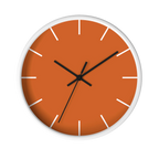 Roman earth rust orange silent wall clock, white base, black hands, white markers, 10 inch, front view.