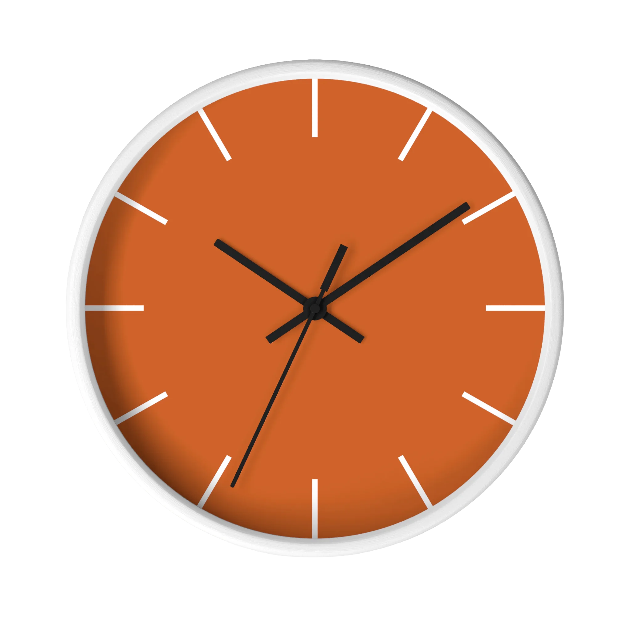 Roman earth rust orange silent wall clock, white base, black hands, white markers, 10 inch, front view.