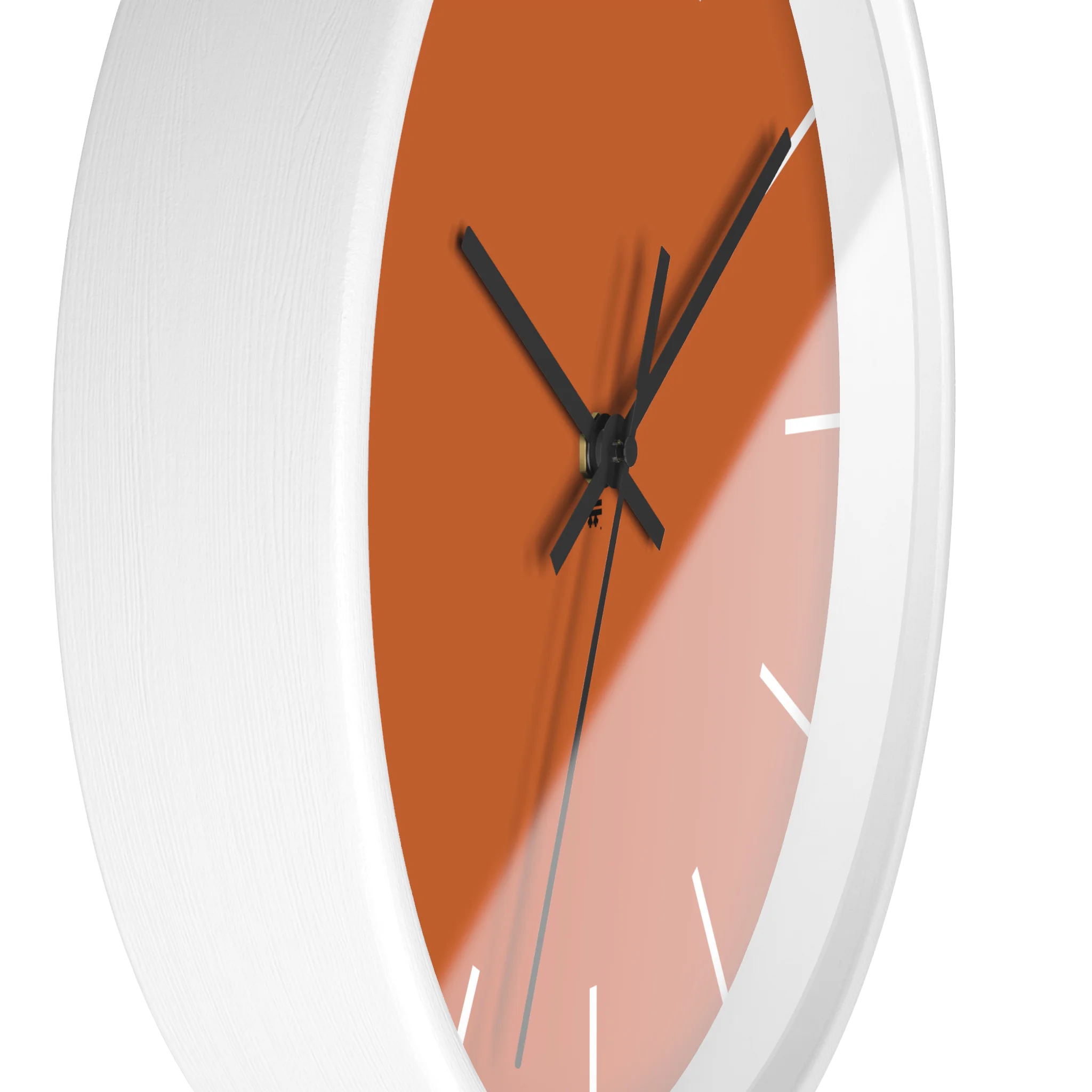 Roman earth rust orange silent wall clock, white base, black hands, white markers, 10 inch, side view.