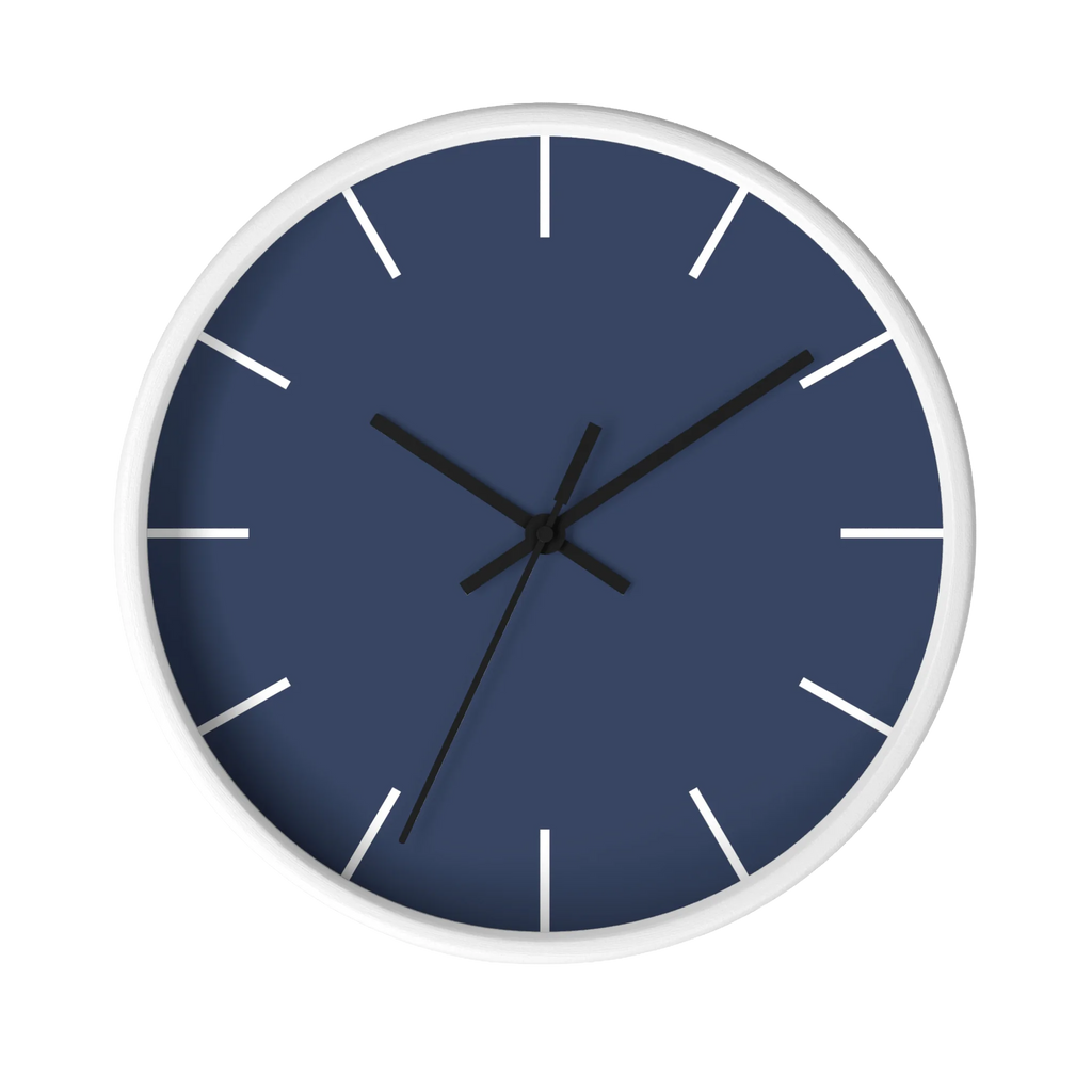 Rugged blue navy silent wall clock, white base, black hands, white markers, 10 inch, front view.