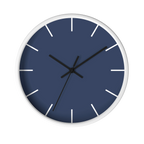 Rugged blue navy silent wall clock, white base, black hands, white markers, 10 inch, front view.