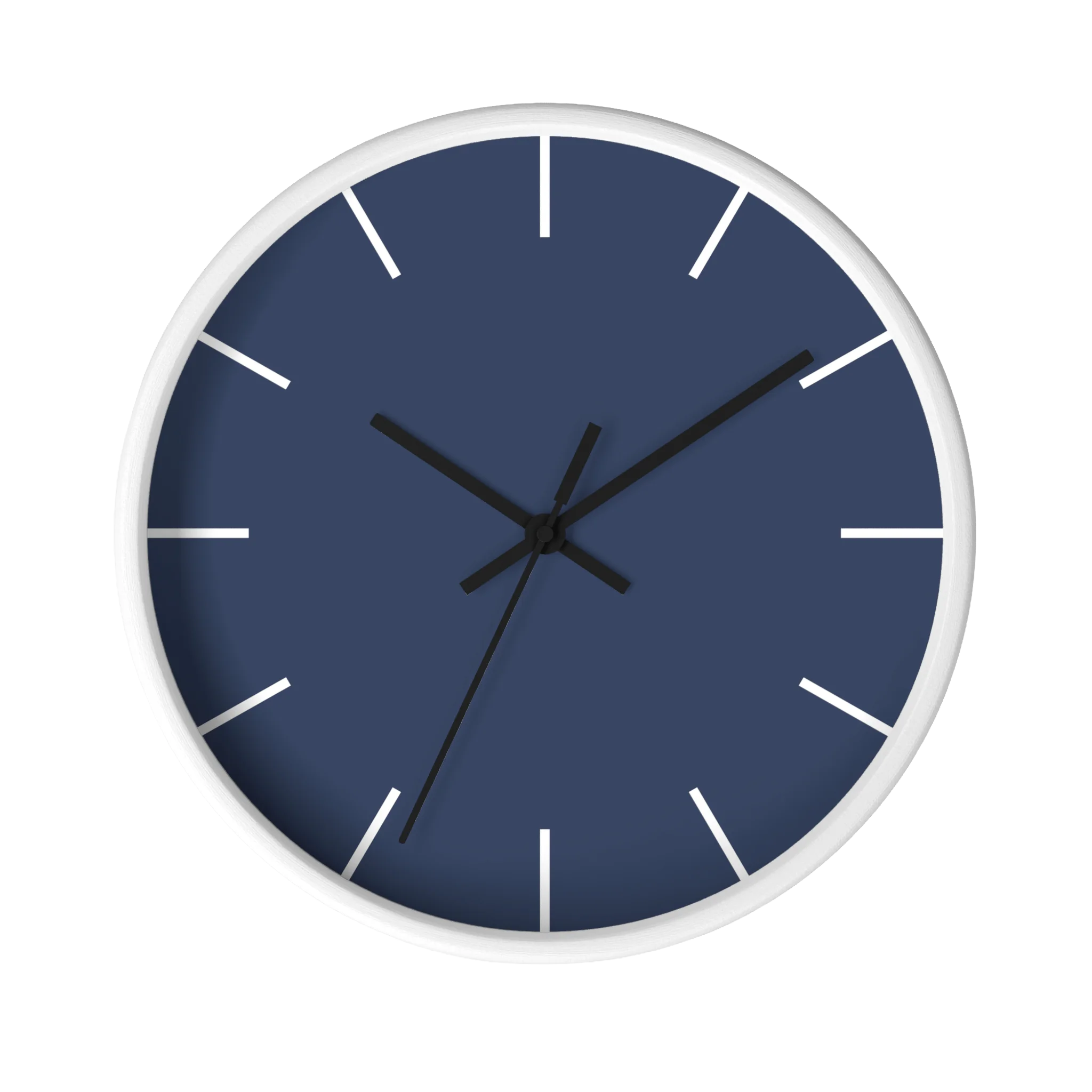 Rugged blue navy silent wall clock, white base, black hands, white markers, 10 inch, front view.