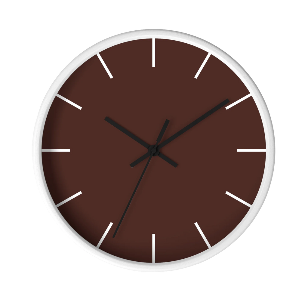 Saddle brown silent wall clock, white base, black hands, white markers, 10 inch, front view.